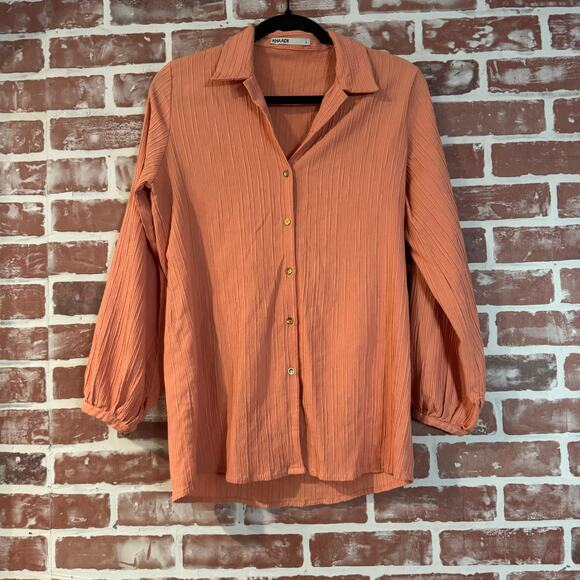 Khaadi Crinkle Textured Pant Set Balloon Sleeve Top Women’s Small Orange - Picture 2 of 13